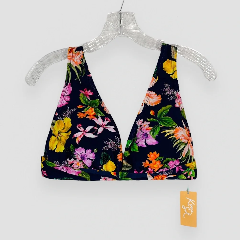 NWT Kona Sol Tropical Print Longline Bikini Top Navy Blue Size Large Beach Vacay
